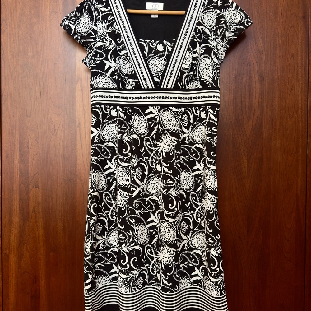 LOFT Black and White Patterned Midi Dress